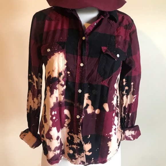Boutique Plaid Custom Bleached Long Sleeve Red SM - Picture 1 of 2